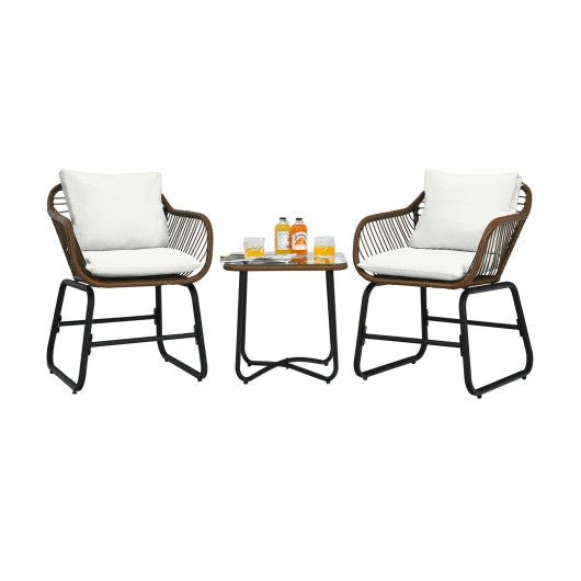  - 3 Pieces Patio Rattan Bistro Set Cushioned Chair Glass Table Deck - Outdoor Style Company