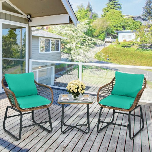  - 3 Pieces Patio Rattan Bistro Set Cushioned Chair Glass Table Deck - Outdoor Style Company