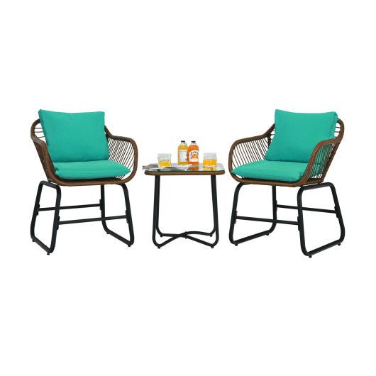  - 3 Pieces Patio Rattan Bistro Set Cushioned Chair Glass Table Deck - Outdoor Style Company