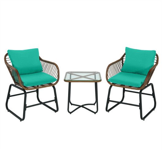  - 3 Pieces Patio Rattan Bistro Set Cushioned Chair Glass Table Deck - Outdoor Style Company