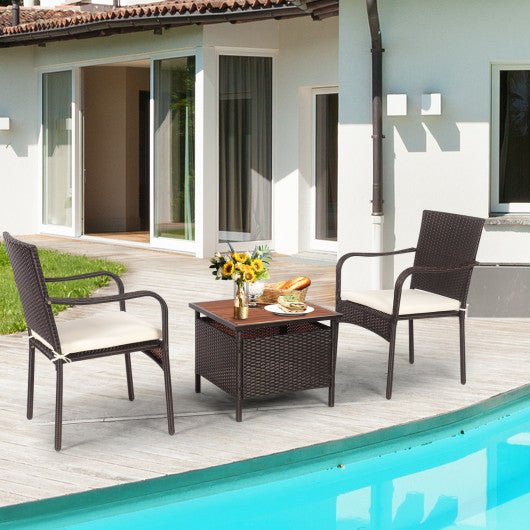  - 3 Pieces Patio Rattan Furniture Bistro Set with Wood Side Table and Stackable Chair - Outdoor Style Company