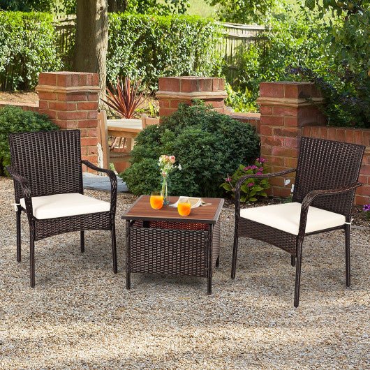  - 3 Pieces Patio Rattan Furniture Bistro Set with Wood Side Table and Stackable Chair - Outdoor Style Company