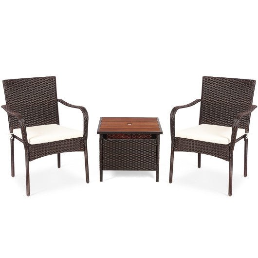  - 3 Pieces Patio Rattan Furniture Bistro Set with Wood Side Table and Stackable Chair - Outdoor Style Company