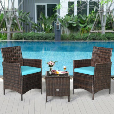  - 3 Pieces Patio Rattan Furniture Set Cushioned Sofa and Glass Tabletop Deck - Outdoor Style Company