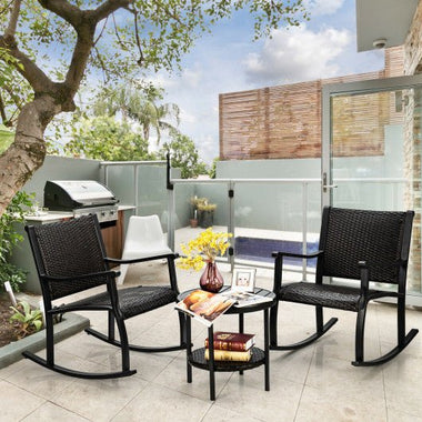  - 3 Pieces Patio Rattan Furniture Set with Coffee Table and Rocking Chairs - Outdoor Style Company