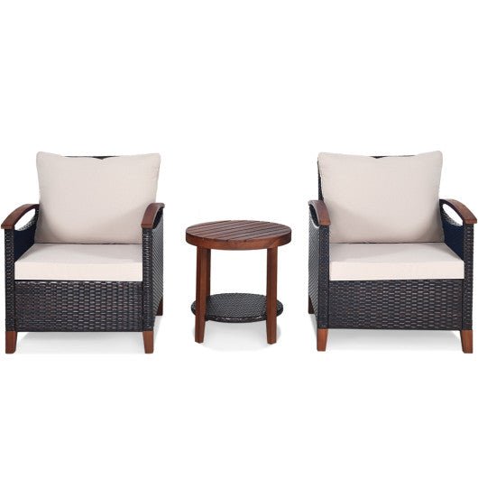  - 3 Pieces Patio Rattan Furniture Set with Washable Cushion and Acacia Wood Tabletop - Outdoor Style Company