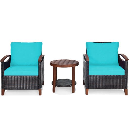  - 3 Pieces Patio Rattan Furniture Set with Washable Cushion and Acacia Wood Tabletop - Outdoor Style Company