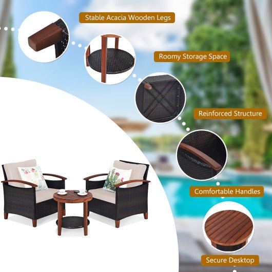  - 3 Pieces Patio Rattan Furniture Set with Washable Cushion and Acacia Wood Tabletop - Outdoor Style Company