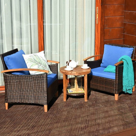  - 3 Pieces Patio Rattan Furniture Set with Washable Cushion and Acacia Wood Tabletop - Outdoor Style Company