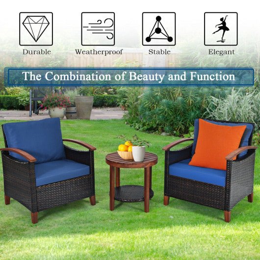  - 3 Pieces Patio Rattan Furniture Set with Washable Cushion and Acacia Wood Tabletop - Outdoor Style Company