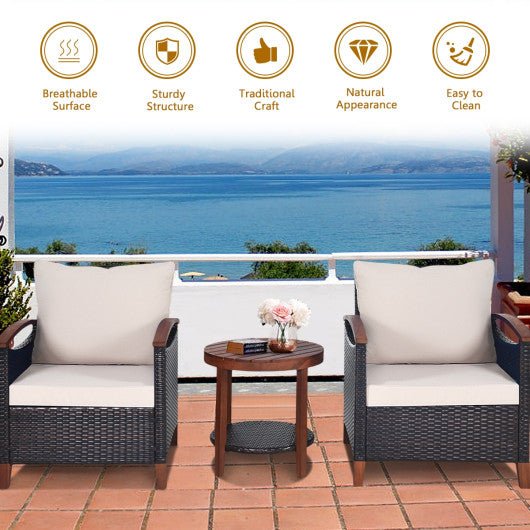  - 3 Pieces Patio Rattan Furniture Set with Washable Cushion and Acacia Wood Tabletop - Outdoor Style Company