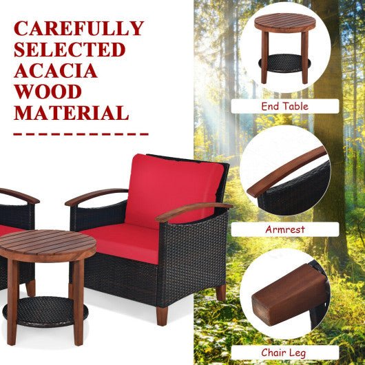  - 3 Pieces Patio Rattan Furniture Set with Washable Cushion and Acacia Wood Tabletop - Outdoor Style Company