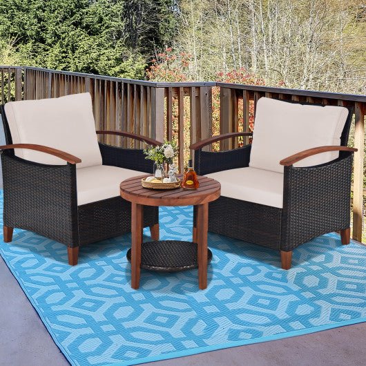  - 3 Pieces Patio Rattan Furniture Set with Washable Cushion and Acacia Wood Tabletop - Outdoor Style Company