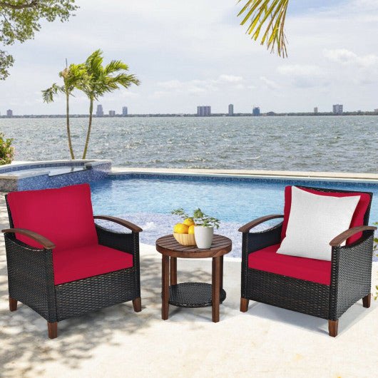  - 3 Pieces Patio Rattan Furniture Set with Washable Cushion and Acacia Wood Tabletop - Outdoor Style Company