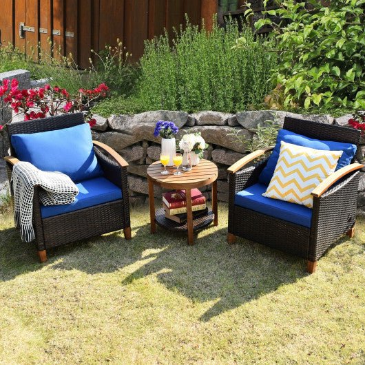  - 3 Pieces Patio Rattan Furniture Set with Washable Cushion and Acacia Wood Tabletop - Outdoor Style Company