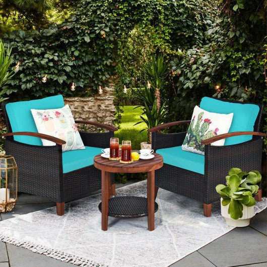  - 3 Pieces Patio Rattan Furniture Set with Washable Cushion and Acacia Wood Tabletop - Outdoor Style Company