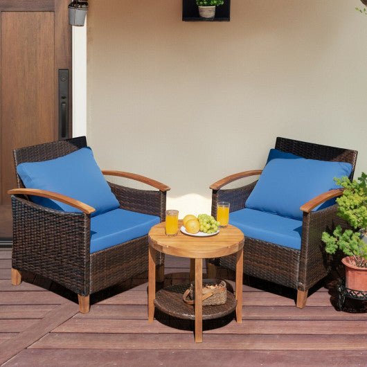  - 3 Pieces Patio Rattan Furniture Set with Washable Cushion and Acacia Wood Tabletop - Outdoor Style Company