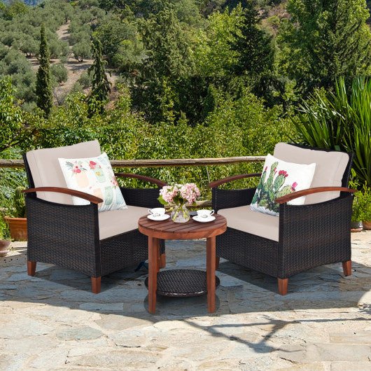  - 3 Pieces Patio Rattan Furniture Set with Washable Cushion and Acacia Wood Tabletop - Outdoor Style Company