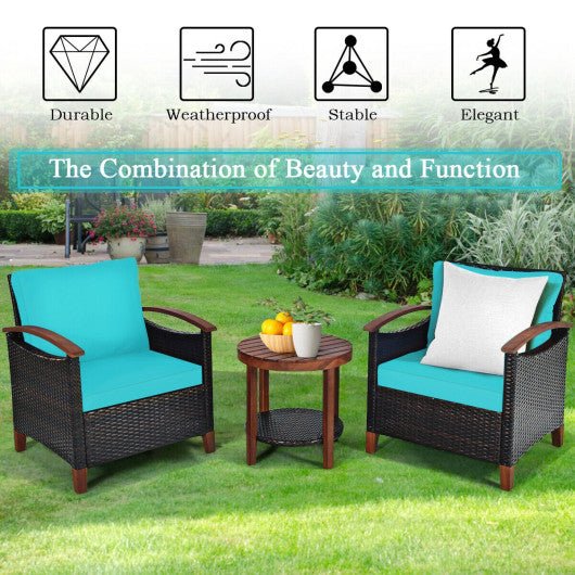  - 3 Pieces Patio Rattan Furniture Set with Washable Cushion and Acacia Wood Tabletop - Outdoor Style Company