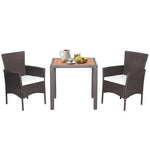  - 3 Pieces Patio Wicker Furniture Set wih Acacia Wood Table Top and Chair Cushiones - Outdoor Style Company