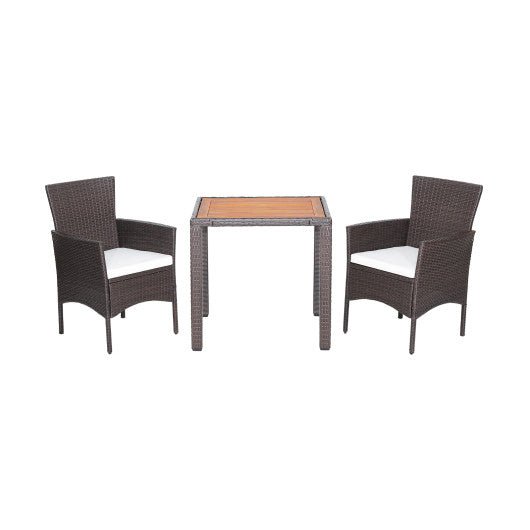  - 3 Pieces Patio Wicker Furniture Set wih Acacia Wood Table Top and Chair Cushiones - Outdoor Style Company