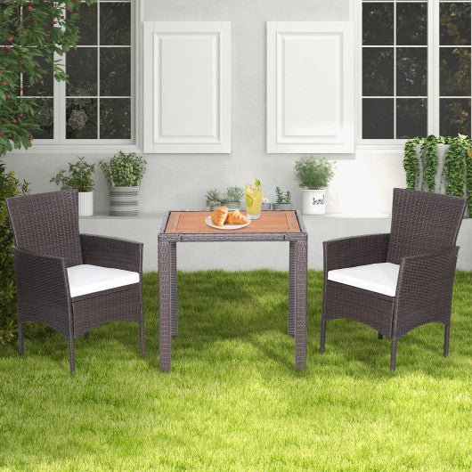  - 3 Pieces Patio Wicker Furniture Set wih Acacia Wood Table Top and Chair Cushiones - Outdoor Style Company