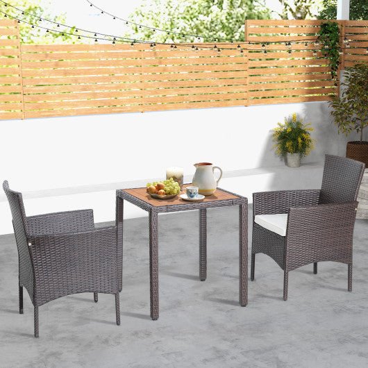  - 3 Pieces Patio Wicker Furniture Set wih Acacia Wood Table Top and Chair Cushiones - Outdoor Style Company