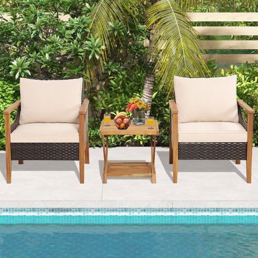  - 3 Pieces Patio Wicker Furniture Set with 2 - Tier Side Table and Cushioned Armchairs - Outdoor Style Company