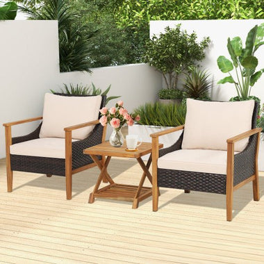  - 3 Pieces Patio Wicker Furniture Set with 2 - Tier Side Table and Cushioned Armchairs - Outdoor Style Company