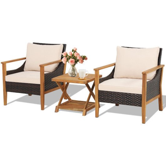  - 3 Pieces Patio Wicker Furniture Set with 2 - Tier Side Table and Cushioned Armchairs - Outdoor Style Company