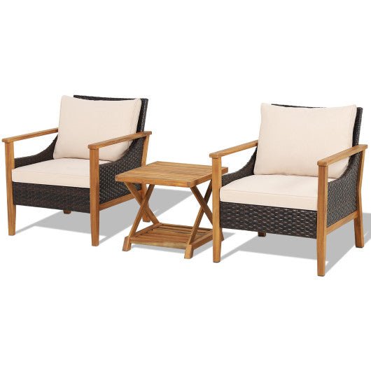  - 3 Pieces Patio Wicker Furniture Set with 2 - Tier Side Table and Cushioned Armchairs - Outdoor Style Company