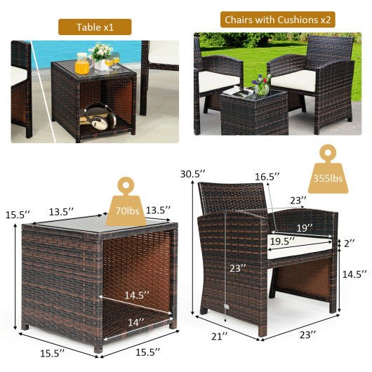  - 3 Pieces PE Rattan Wicker Furniture Set with Cushion Sofa Coffee Table for Garden - Outdoor Style Company