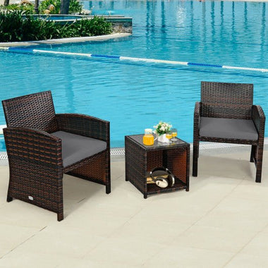  - 3 Pieces PE Rattan Wicker Furniture Set with Cushion Sofa Coffee Table for Garden - Outdoor Style Company