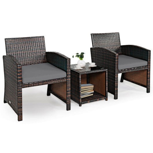  - 3 Pieces PE Rattan Wicker Furniture Set with Cushion Sofa Coffee Table for Garden - Outdoor Style Company