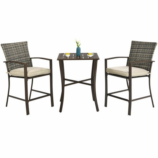  - 3 Pieces Rattan Bar Furniture Set with Slat Table and 2 Cushioned Stools - Outdoor Style Company