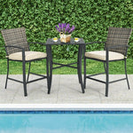  - 3 Pieces Rattan Bar Furniture Set with Slat Table and 2 Cushioned Stools - Outdoor Style Company