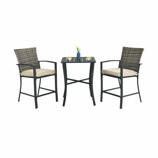  - 3 Pieces Rattan Bar Furniture Set with Slat Table and 2 Cushioned Stools - Outdoor Style Company