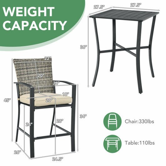  - 3 Pieces Rattan Bar Furniture Set with Slat Table and 2 Cushioned Stools - Outdoor Style Company