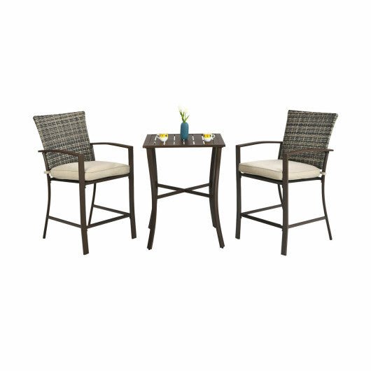  - 3 Pieces Rattan Bar Furniture Set with Slat Table and 2 Cushioned Stools - Outdoor Style Company