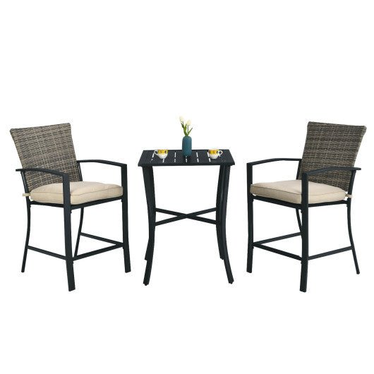  - 3 Pieces Rattan Bar Furniture Set with Slat Table and 2 Cushioned Stools - Outdoor Style Company