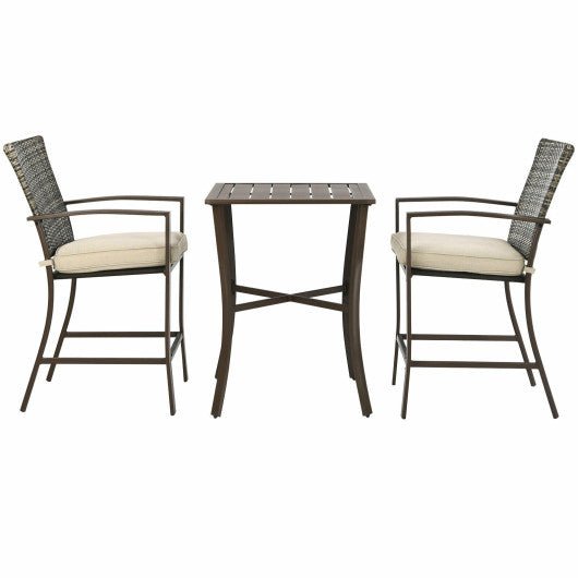  - 3 Pieces Rattan Bar Furniture Set with Slat Table and 2 Cushioned Stools - Outdoor Style Company