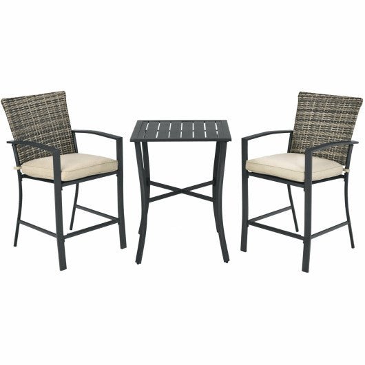  - 3 Pieces Rattan Bar Furniture Set with Slat Table and 2 Cushioned Stools - Outdoor Style Company