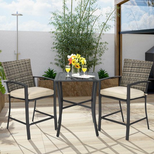  - 3 Pieces Rattan Bar Furniture Set with Slat Table and 2 Cushioned Stools - Outdoor Style Company