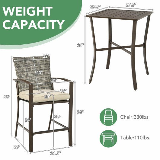  - 3 Pieces Rattan Bar Furniture Set with Slat Table and 2 Cushioned Stools - Outdoor Style Company