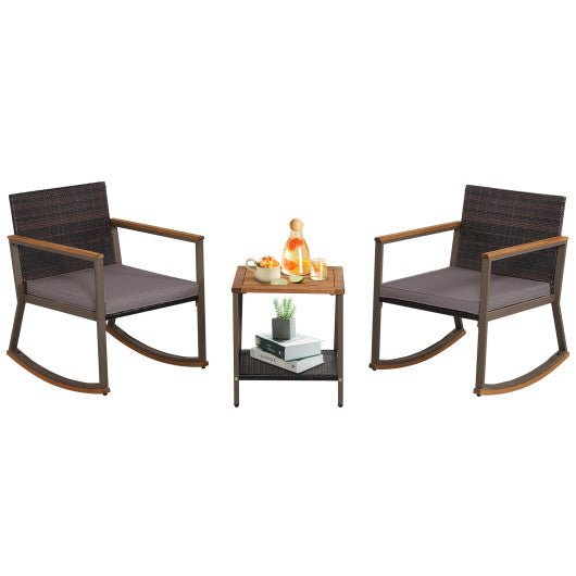  - 3 Pieces Rattan Rocking Bistro Set with Coffee Table and Cushions - Outdoor Style Company