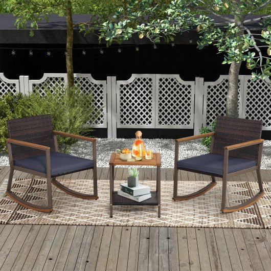  - 3 Pieces Rattan Rocking Bistro Set with Coffee Table and Cushions - Outdoor Style Company