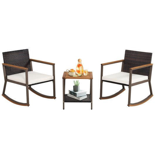  - 3 Pieces Rattan Rocking Bistro Set with Coffee Table and Cushions - Outdoor Style Company