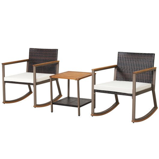  - 3 Pieces Rattan Rocking Bistro Set with Coffee Table and Cushions - Outdoor Style Company