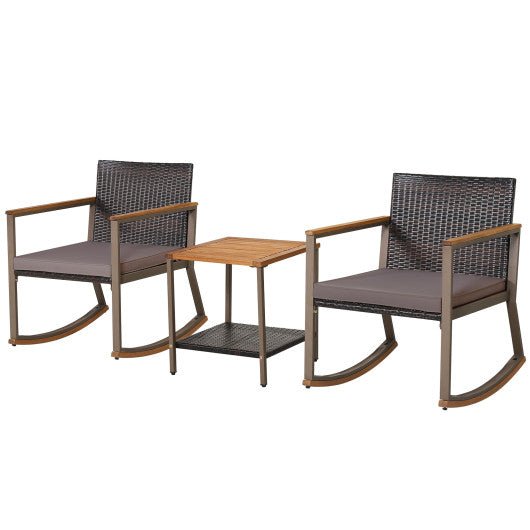  - 3 Pieces Rattan Rocking Bistro Set with Coffee Table and Cushions - Outdoor Style Company