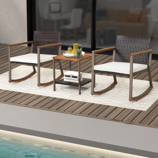  - 3 Pieces Rattan Rocking Bistro Set with Coffee Table and Cushions - Outdoor Style Company